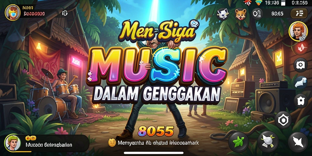 Screenshot menunjukkan tampilan gameplay interaktif dalam 8055 yang penuh musik.