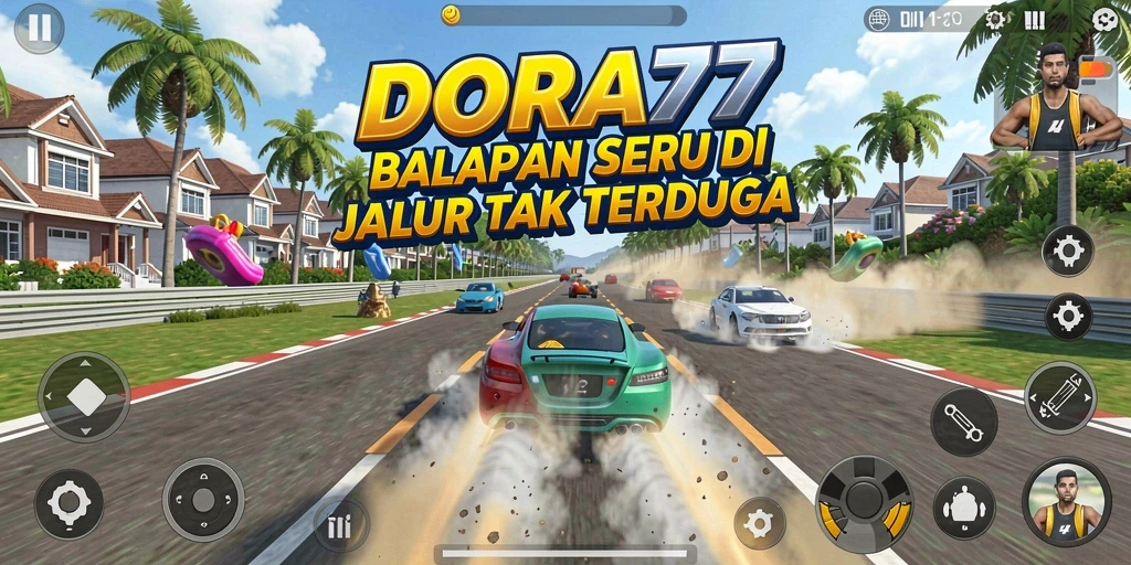 Tangkapan layar permainan DORA77 menampilkan aksi balapan yang mendebarkan di trek yang beragam.