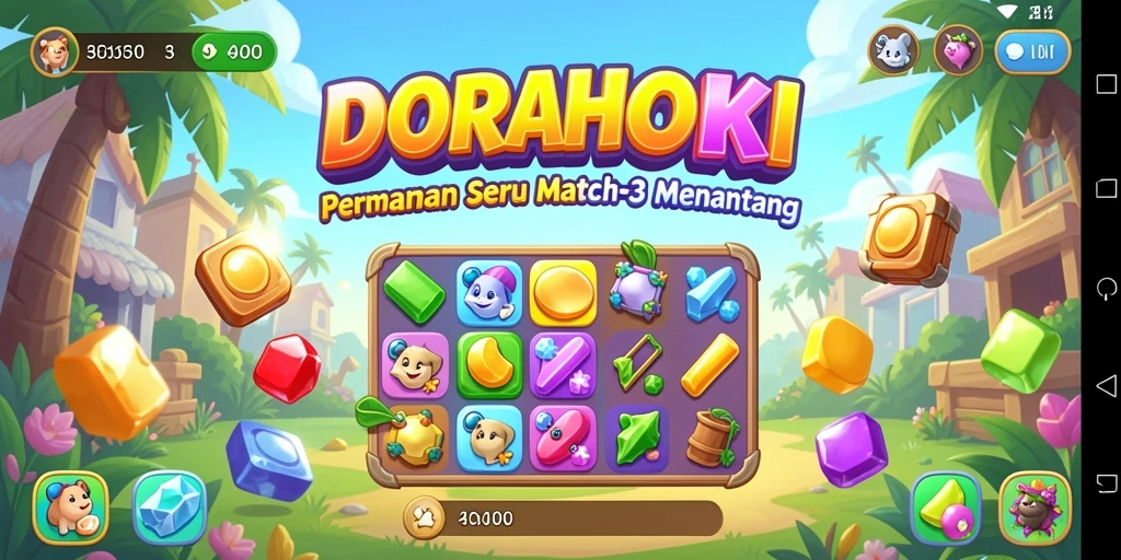 Tangkapan layar DORAHOKI menampilkan gameplay Match-3 yang seru.