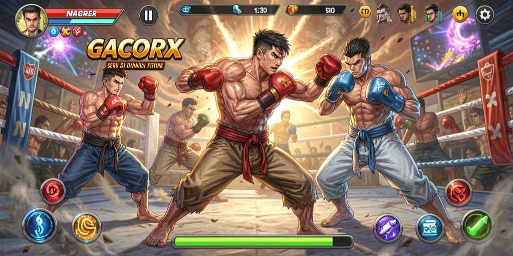 Screenshot GACORX menampilkan pertarungan seru antara karakter dengan efek visual menakjubkan.