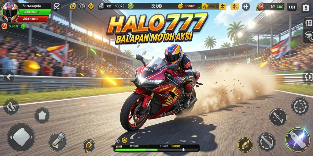 Tampilan gameplay yang mendebarkan dari <strong>HALO777</strong> saat balapan motor.
