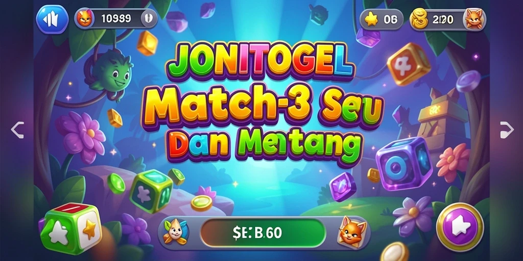 Tampilan gameplay JONITOGEL dengan elemen Match-3 yang cerah dan dinamis.