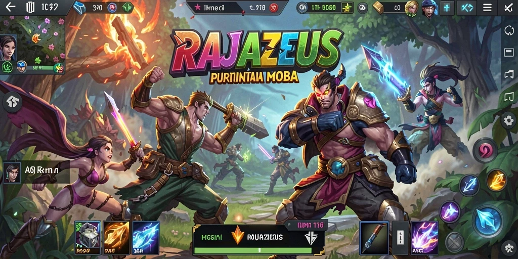 Tampilan gameplay seru dalam RAJAZEUS dengan pertarungan tim yang dinamis.