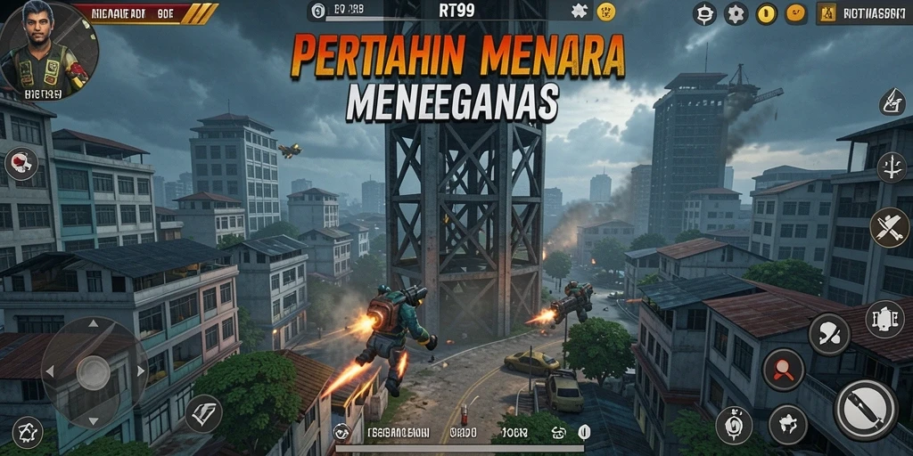 Screenshot gameplay RT99 menampilkan pertempuran seru di level menara.
