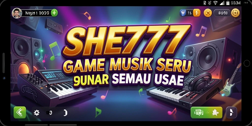 Screenshot utama SHE777 menampilkan gameplay musik yang mendebarkan.
