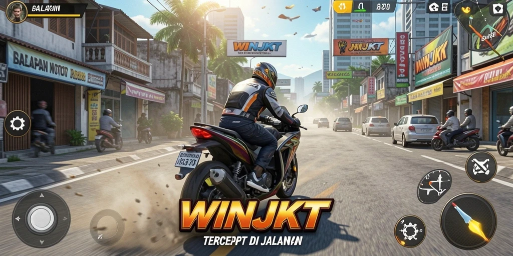 Gameplay seru dari WINJKT dengan motor dan trek menantang.