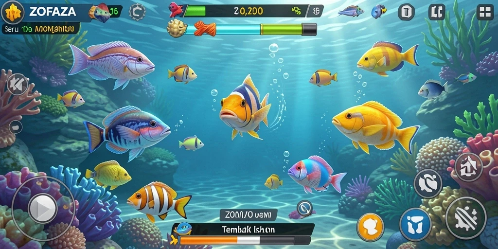 Tampilan gameplay seru di ZOFAZA yang menembaki ikan-ikan.